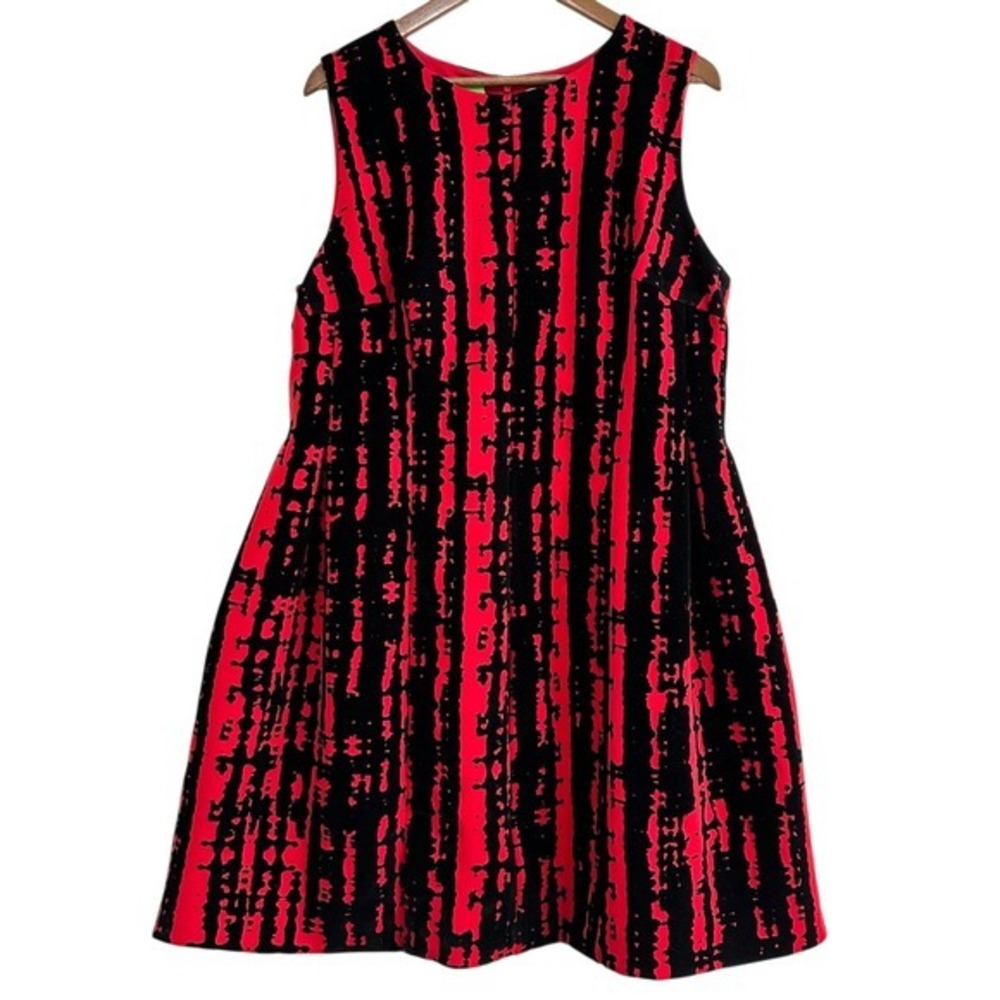 Calvin Klein Red Black Abstract Stripe Fit Flare Velvet Dress 18W Cocktail Hour‎